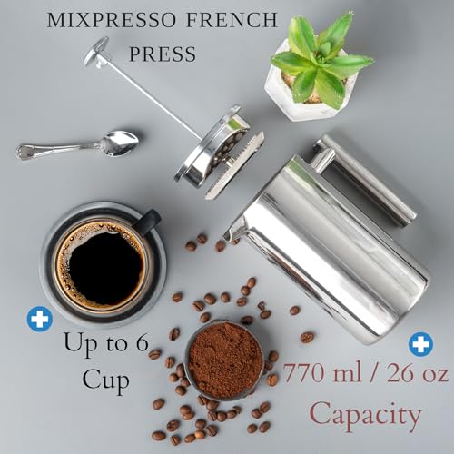 Mixpresso Stainless Steel French Press Coffee Maker 27 Oz 800ml, Double Wall Insulated French Press Stainless Steel, Built-In Thermometer, Easy Clean Tea Brewer, Easy Press Durable Metal Coffee Press - Image 3