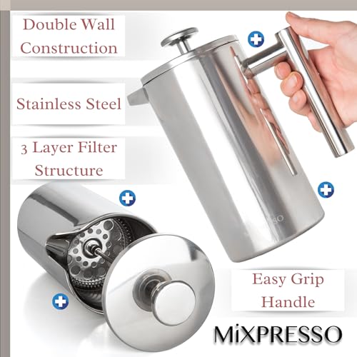 Mixpresso Stainless Steel French Press Coffee Maker 27 Oz 800ml, Double Wall Insulated French Press Stainless Steel, Built-In Thermometer, Easy Clean Tea Brewer, Easy Press Durable Metal Coffee Press - Image 2