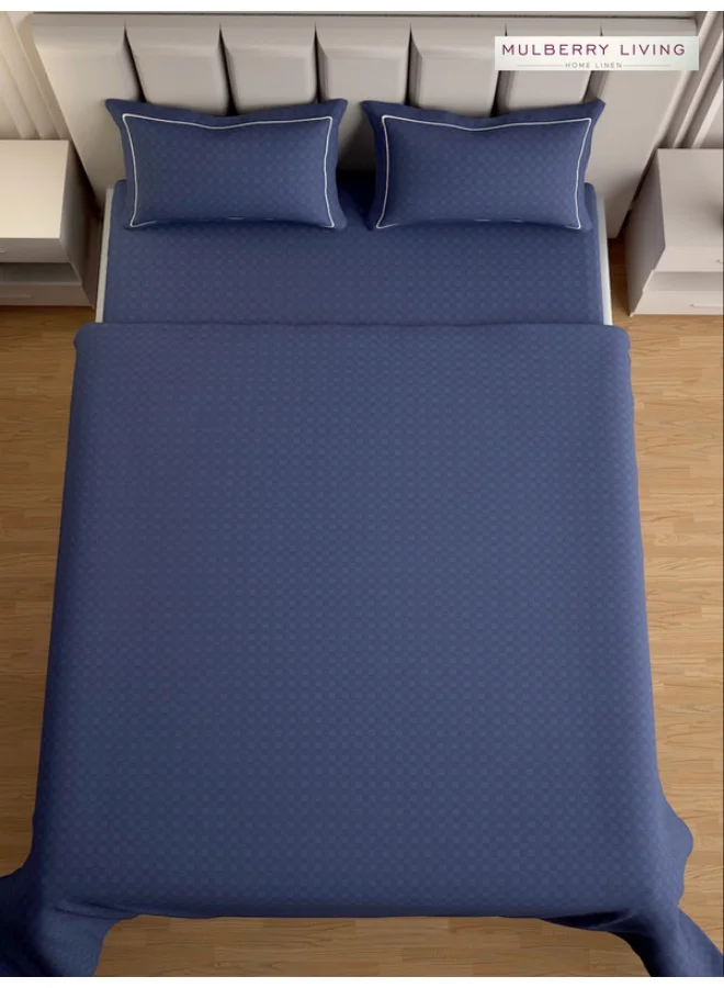 MULBERRY LIVING 100% Cotton - 300Tc Urban Grid King Size (180X200 Cms) Fitted Bedsheet With 2 Pillow Covers (50X75 Cm) - Mediterranean Blue