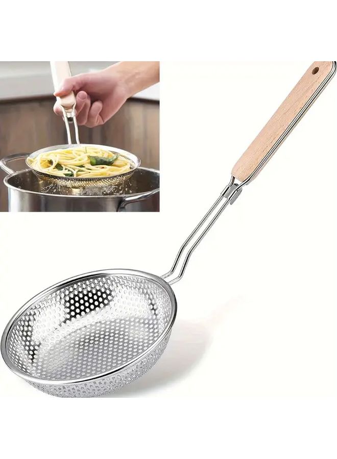 Stainless Steel Fine Mesh Colander With Wooden Handle For Pasta Noodles And Grease Filtering - Image 1