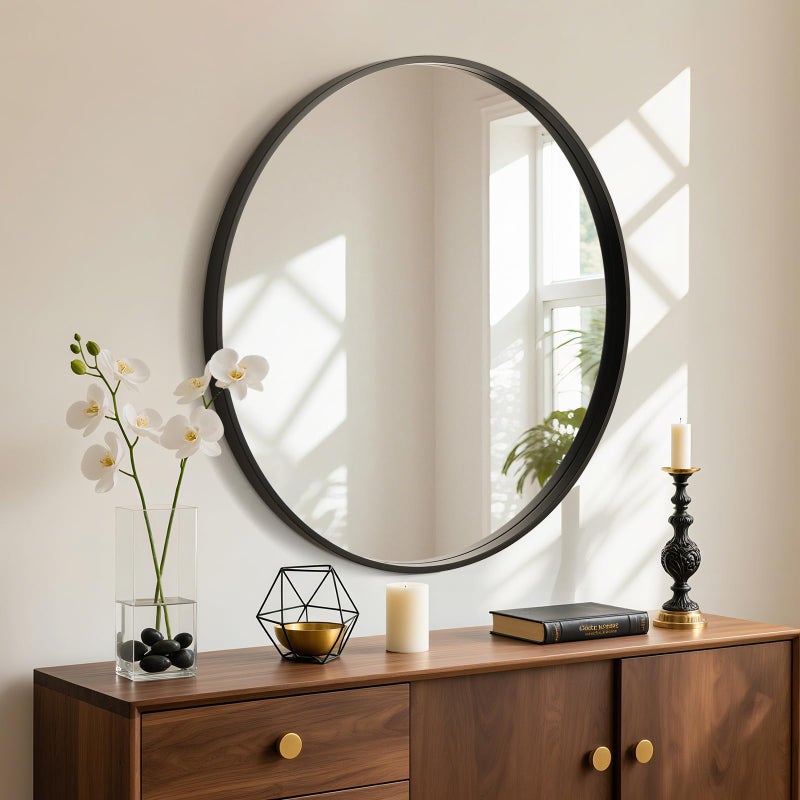 WallBeyond Round Wood Mirror, 32" Round Modern Decoration Large Circle Wall Mirror for Bathroom Living Room Bedroom Entryway, Black - Image 3