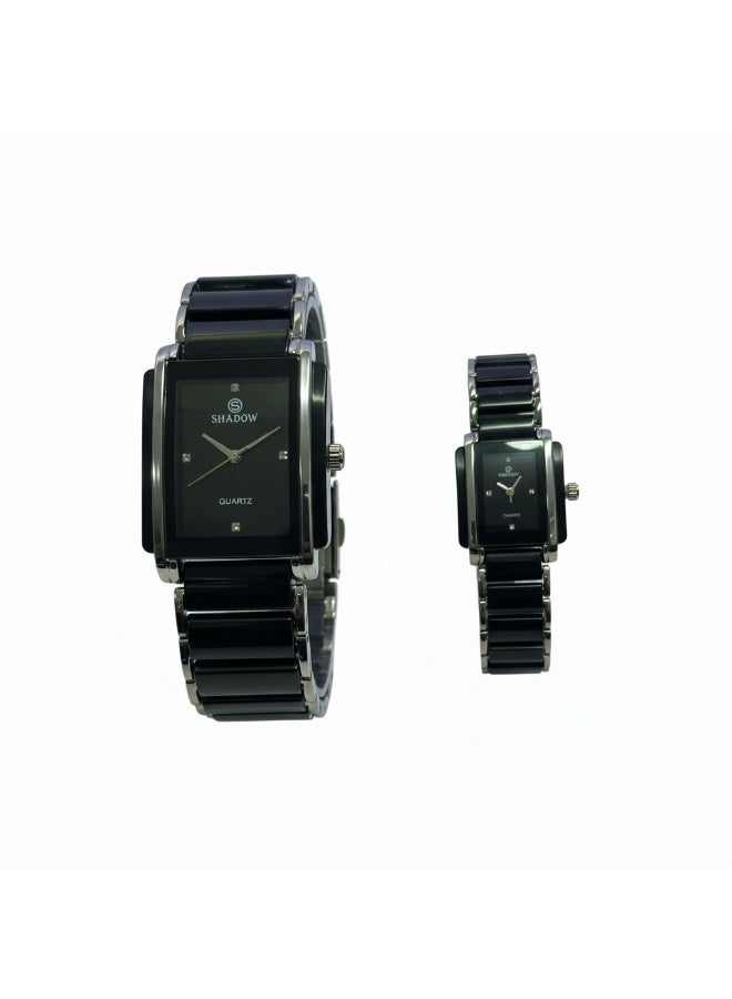 SHADOW Prestige Duo SD0878 Couple Watch Set for Men & Women, Quartz Movement, Rectangular Dial, Black Glossy Band with Silver Frame, Elegant His & Hers Gift Set - Image 2