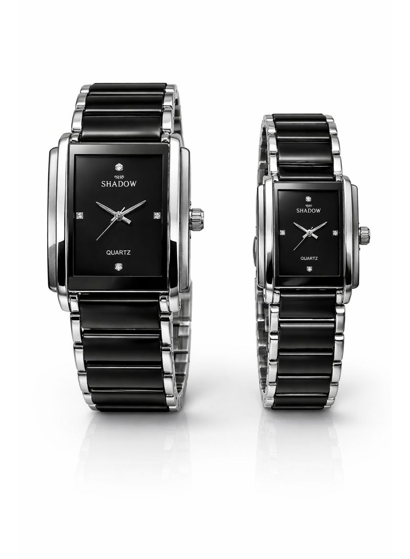 SHADOW Prestige Duo SD0878 Couple Watch Set for Men & Women, Quartz Movement, Rectangular Dial, Black Glossy Band with Silver Frame, Elegant His & Hers Gift Set - Image 1