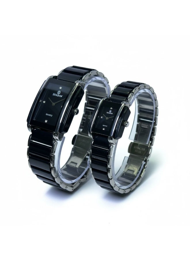 SHADOW Prestige Duo SD0878 Couple Watch Set for Men & Women, Quartz Movement, Rectangular Dial, Black Glossy Band with Silver Frame, Elegant His & Hers Gift Set - Image 3