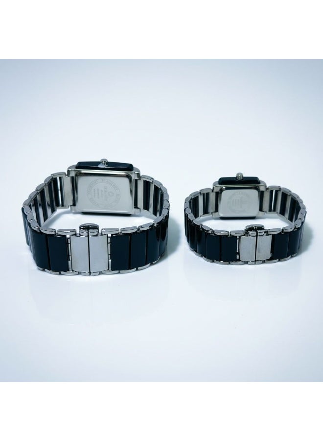 SHADOW Prestige Duo SD0878 Couple Watch Set for Men & Women, Quartz Movement, Rectangular Dial, Black Glossy Band with Silver Frame, Elegant His & Hers Gift Set - Image 4