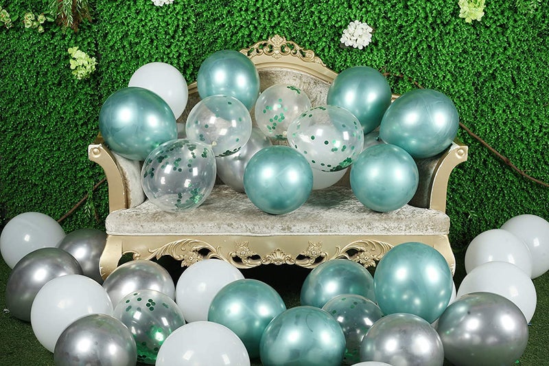 LAZYBEEE 50pcs Green, silver metal balloons and white balloons, green confetti balloons, 50 12-inch party balloons per pack, birthday, wedding party decoration - Image 2