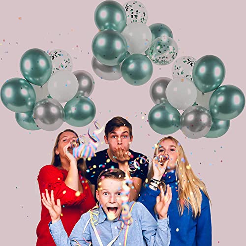 LAZYBEEE 50pcs Green, silver metal balloons and white balloons, green confetti balloons, 50 12-inch party balloons per pack, birthday, wedding party decoration - Image 3
