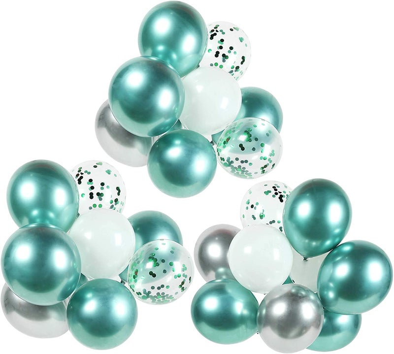 LAZYBEEE 50pcs Green, silver metal balloons and white balloons, green confetti balloons, 50 12-inch party balloons per pack, birthday, wedding party decoration - Image 5