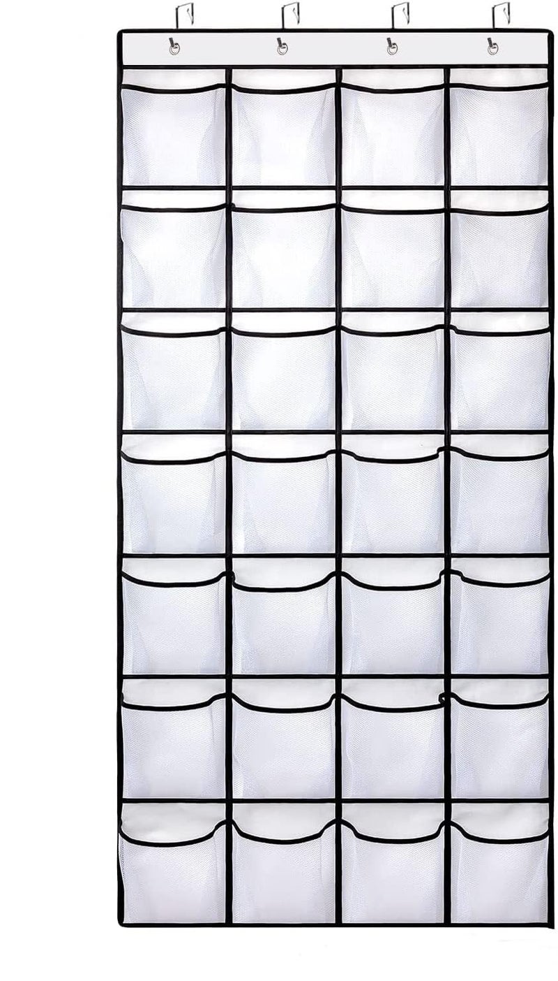 Fancial 28 Large Pockets Over The Door Shoe Organizer, Hanging Shoe Organizer for Closet, Premium Clear Shoe Rack for Door, Shoes Hanger Organizers Storage Holder for Back of Door and 4 Metal Hook White - Image 1