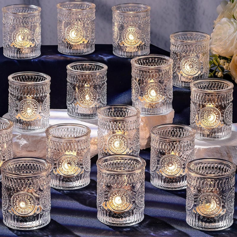 DARJEN Clear Votive Candle Holders Set of 36- Glass Candle Holders Bulk for Tea Light Candle, Embossed Candle Votives for Wedding Centerpiece, Living Room & Home Table Decor - Image 1