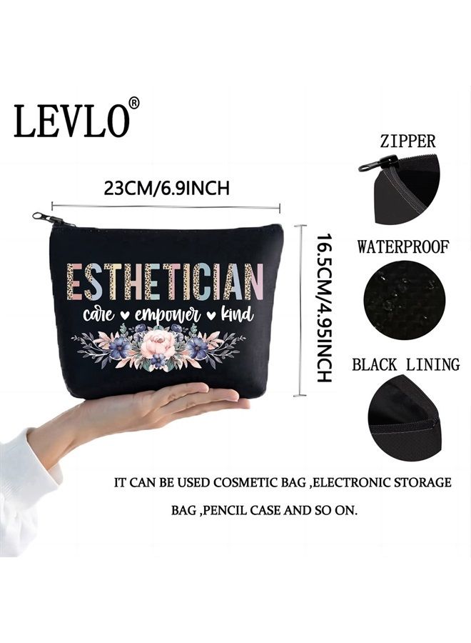 LEVLO Cosmetology Beautician Cosmetic Make Up Bag Dermatologist Gift Esthetician Care Empower Kind Makeup Zipper Pouch Bag For Esthetician Graduate (Esthetician Black) - Image 2