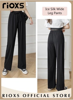 RIOXS Women's High Waist Wide Leg Drawstring Pants Ice Silk Elegant Style Pants Lightweight Sun Protection Pants Elastic Elevated Seams Loose Active Pants With Pockets  - Image 5