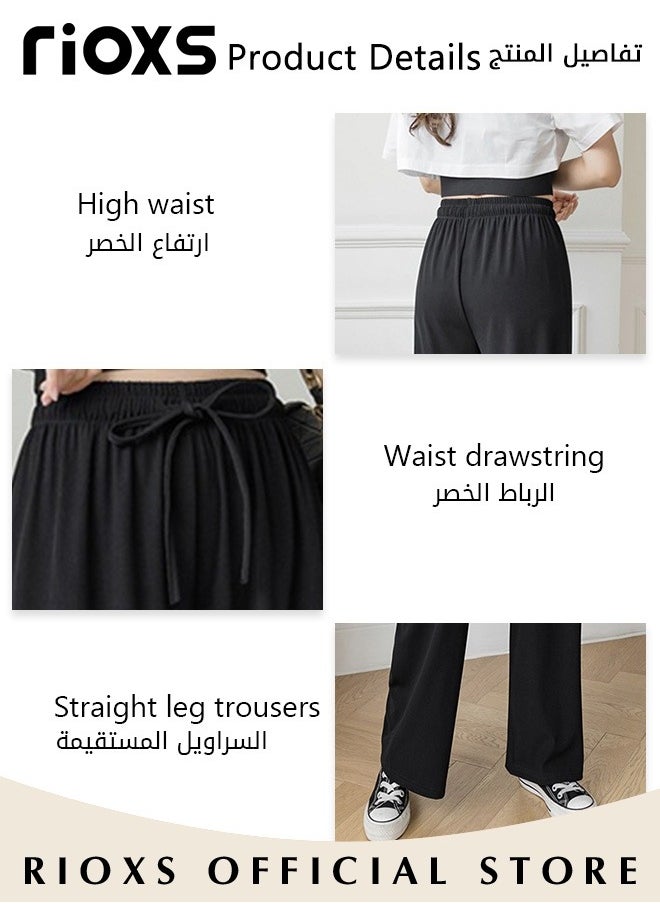 RIOXS Women's High Waist Wide Leg Drawstring Pants Ice Silk Elegant Style Pants Lightweight Sun Protection Pants Elastic Elevated Seams Loose Active Pants With Pockets  - Image 4