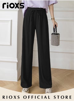 RIOXS Women's High Waist Wide Leg Drawstring Pants Ice Silk Elegant Style Pants Lightweight Sun Protection Pants Elastic Elevated Seams Loose Active Pants With Pockets  - Image 3