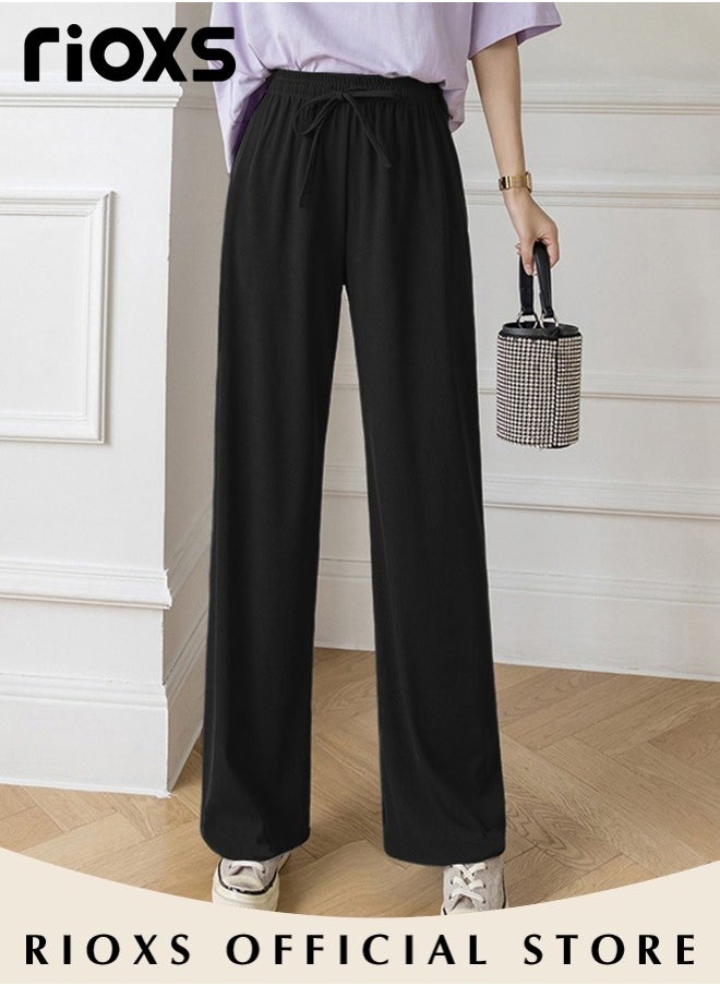 RIOXS Women's High Waist Wide Leg Drawstring Pants Ice Silk Elegant Style Pants Lightweight Sun Protection Pants Elastic Elevated Seams Loose Active Pants With Pockets  - Image 3
