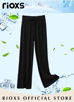 RIOXS Women's High Waist Wide Leg Drawstring Pants Ice Silk Elegant Style Pants Lightweight Sun Protection Pants Elastic Elevated Seams Loose Active Pants With Pockets  - Image 2