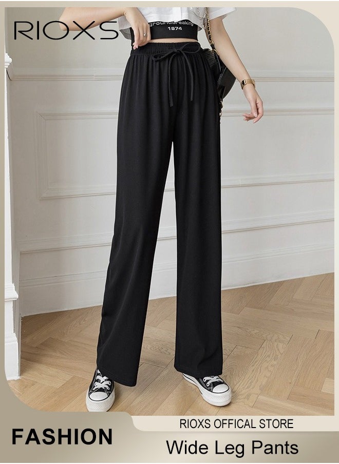 RIOXS Women's High Waist Wide Leg Drawstring Pants Ice Silk Elegant Style Pants Lightweight Sun Protection Pants Elastic Elevated Seams Loose Active Pants With Pockets  - Image 1