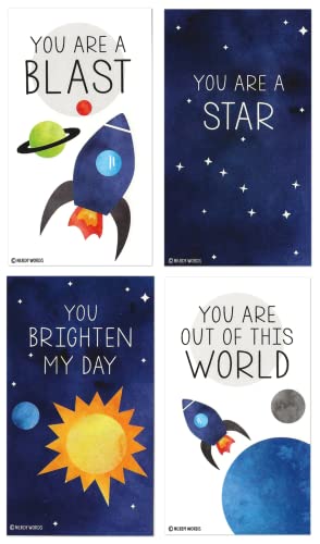 Nerdy Words Mini Outer Space Stars, Ship and Planets Funny Valentines (Wallet-Sized Valentines with Tiny Envelopes) Rocket Ship Cards for Valentine's Day (Set of 24) - Image 1