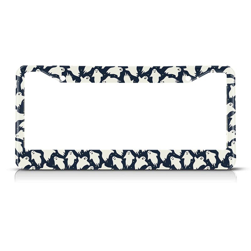 Beabes Halloween License Plate Frame Auto Tag Frames Cute Little Funny Ghost License Plates Holder 2 Holes Dancing Night Sky Decorative Car Truck Motorcycle License Plates Tag for Men Women - Image 1