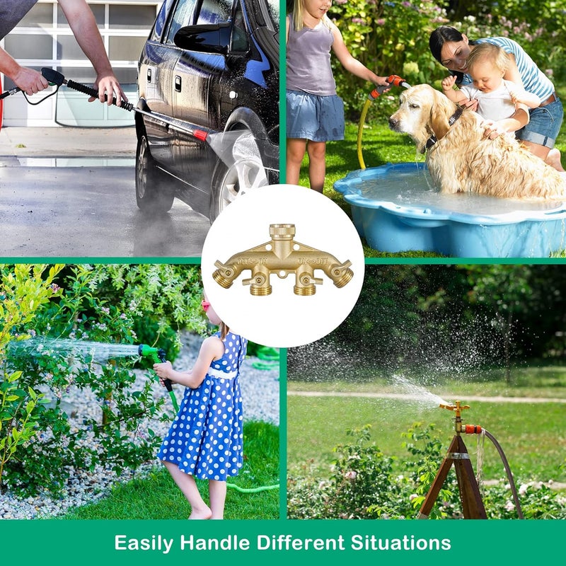 Hourleey موصل خرطوم حديقة نحاسي (4 طرق)، موصل خرطوم نحاسي صلب 3/4"، محول صنبور خرطوم 4 صمامات مع 4 غسالات مطاطية إضافية - Image 5