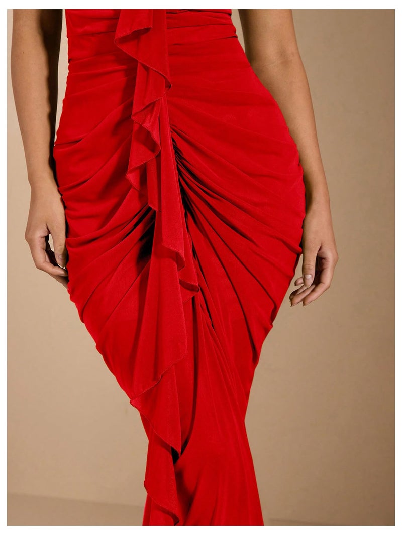 Floerns Women's Ruffle Ruched Cami Dress Draped Split Elegant Bodycon Maxi Dresses Red Medium - Image 4