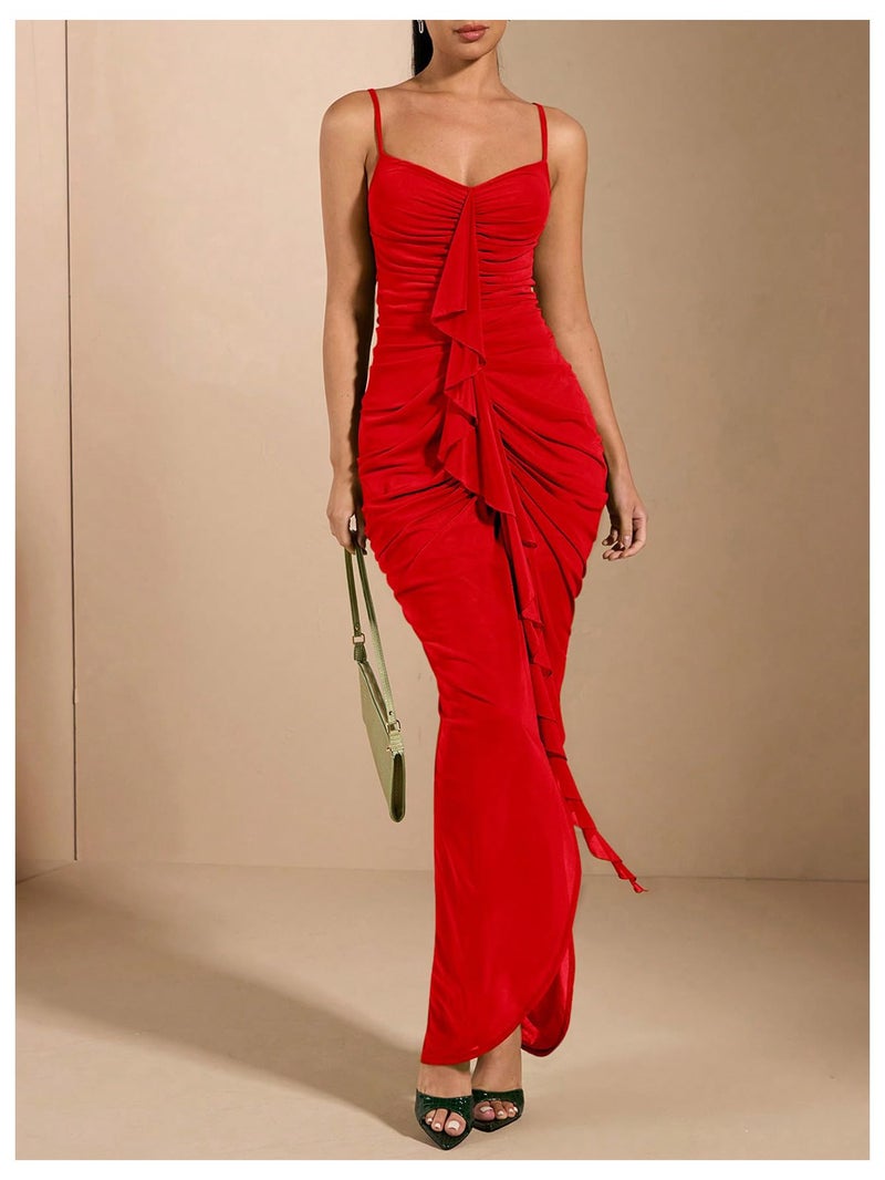 Floerns Women's Ruffle Ruched Cami Dress Draped Split Elegant Bodycon Maxi Dresses Red Medium - Image 2