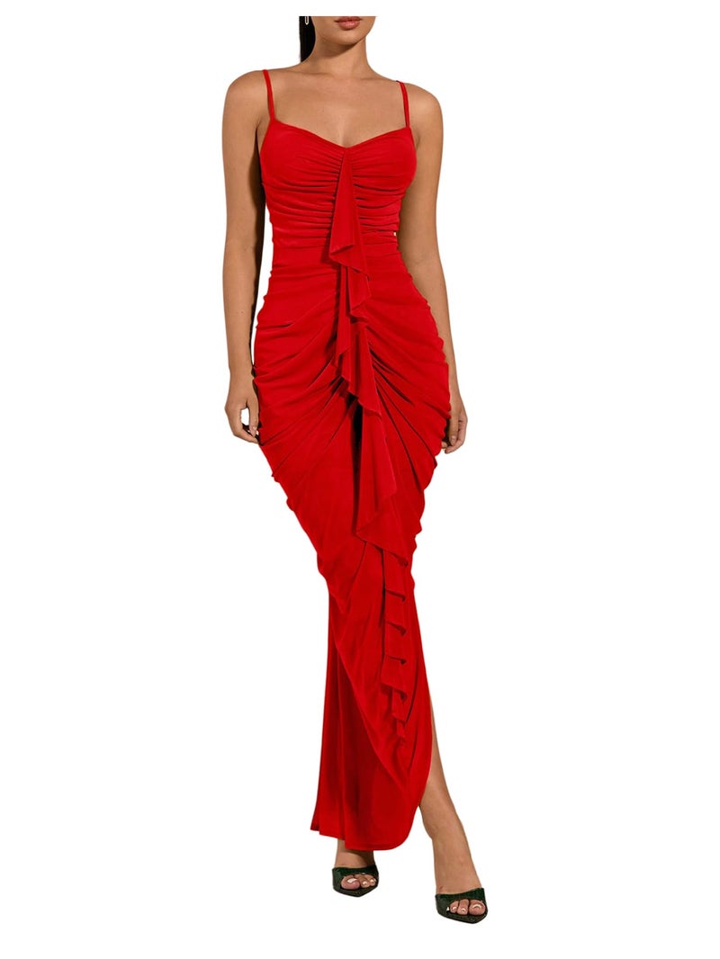 Floerns Women's Ruffle Ruched Cami Dress Draped Split Elegant Bodycon Maxi Dresses Red Medium - Image 1