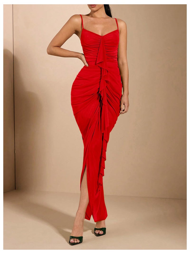 Floerns Women's Ruffle Ruched Cami Dress Draped Split Elegant Bodycon Maxi Dresses Red Medium - Image 5