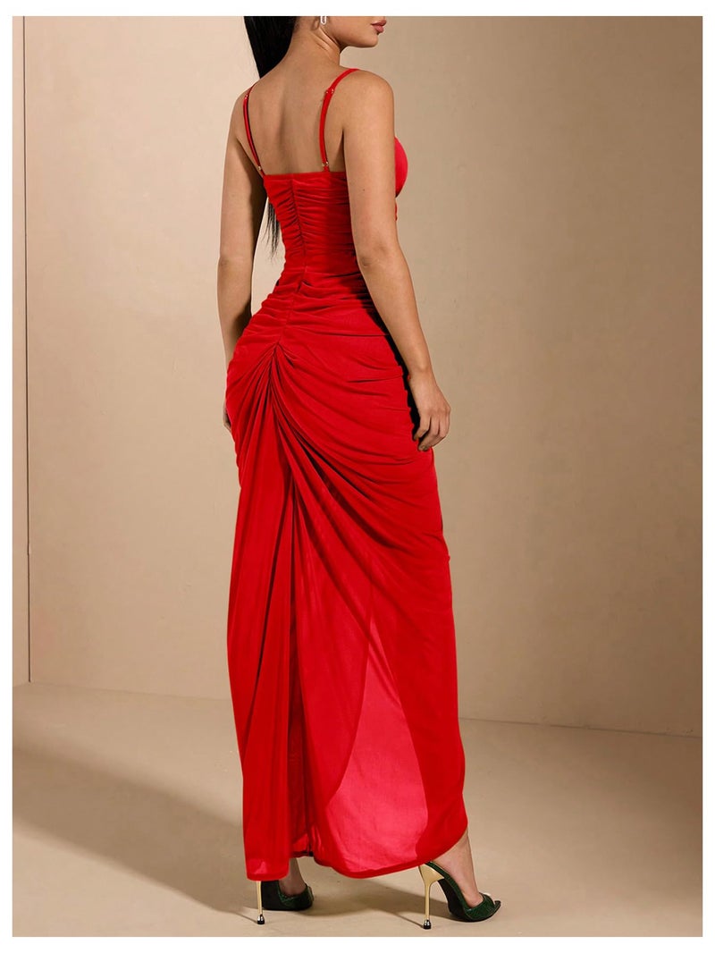 Floerns Women's Ruffle Ruched Cami Dress Draped Split Elegant Bodycon Maxi Dresses Red Medium - Image 3