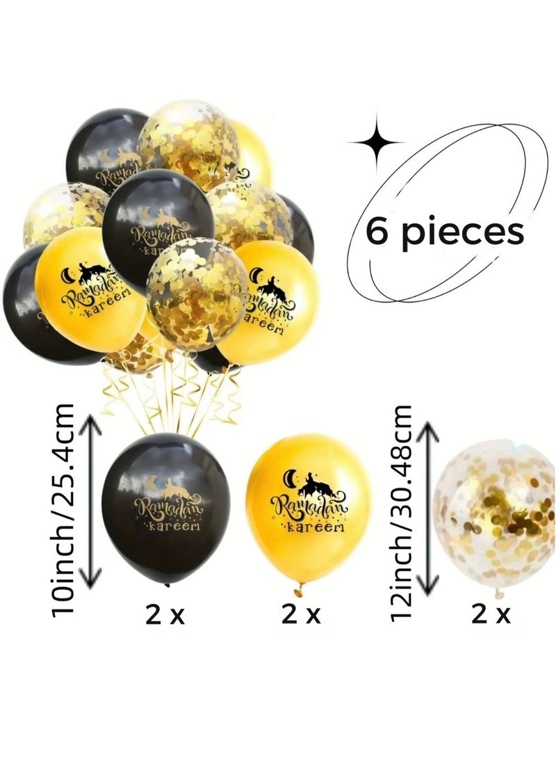 6pcs Set Ramadan Kareem Balloon Holy Month Celebration Decoration Black Gold Confetti Home School Nursery Eid Mubarak Iftar Event Indoor Outdoor Party Supplies Helium Air - Image 2