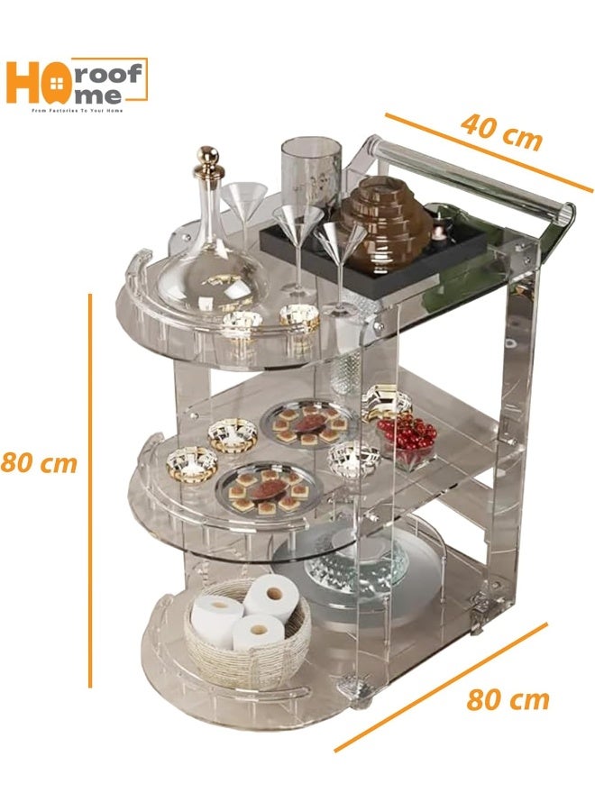 Horoof Market Horoof Home® Premium Acrylic 3-Tier Serving Trolley – Clear Plexiglass with Elegant Curved Design, Multipurpose Storage & Display Cart for Home or Office – 80x80x40 cm, TR005  - Image 3