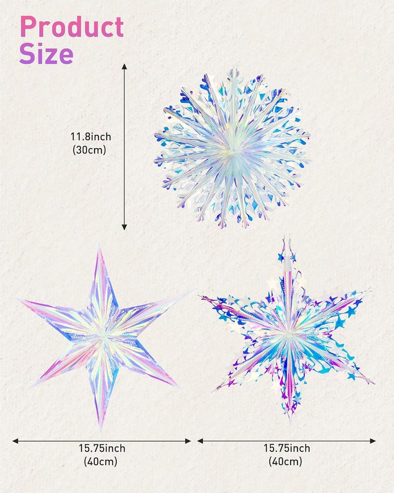Vomika 3PCS Iridescent Decoration Ornaments Hanging Decorations, Iridescent Snowflakes Fan, Starry Snowflake, Hexagram Stars Garland for Home Decorations Wedding Birthday Christmas Parties, - Image 2