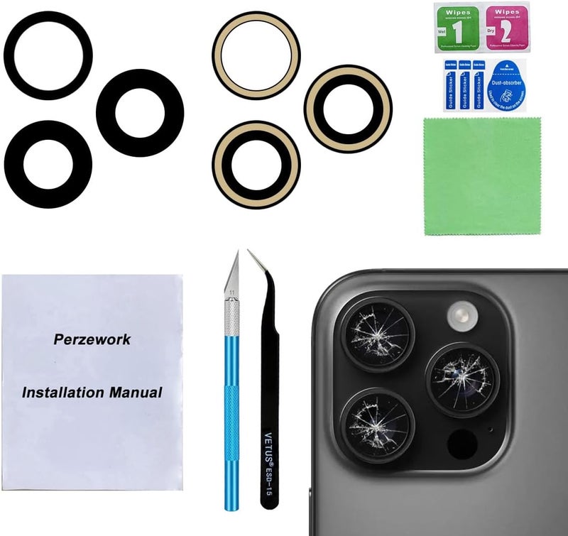 Perzework مجموعة عدسات كاميرا خلفية زجاجية بديلة 2 للإصدار iPhone 16 Pro و iPhone 16 Pro Max مع مجموعة أدوات الإصلاح - Image 1