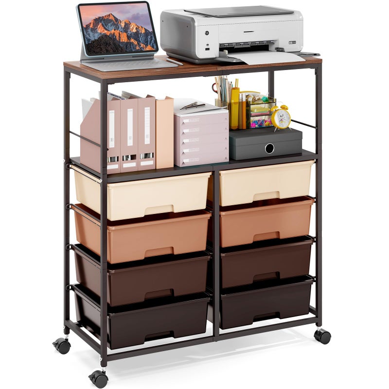 APEXCHASER Rolling cart with 8 drawers,Storage drawer cart with wooden tabletop,Lockable wheels organizer for homeschool, arts & crafts, classroom, office & creative spaces (Brown) - Image 1
