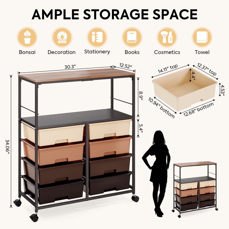 APEXCHASER Rolling cart with 8 drawers,Storage drawer cart with wooden tabletop,Lockable wheels organizer for homeschool, arts & crafts, classroom, office & creative spaces (Brown) - Image 2