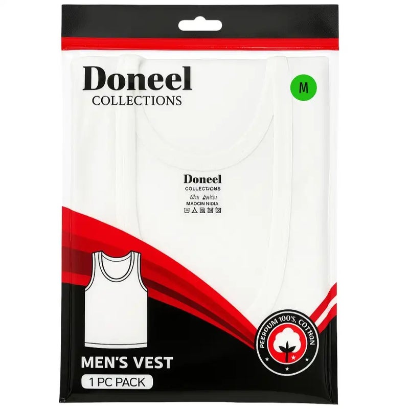 Doneel Mens Sleeveless And Slim Fit White Rib Vest With Round Neck- Medium Size