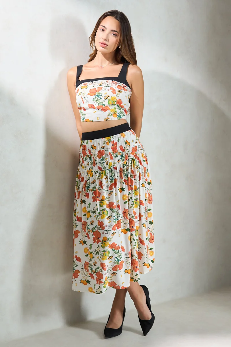 Virgio Floral Modal Floral Pintuck Skirt With Pleats for Women