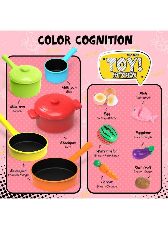 GILOBABY Play Kitchen Accessories, Play Food Sets for Kids Kitchen Playset with Pots and Pans Set, Cooking Utensils, Preschool Learning Education Toys for Toddlers, Birthday Gifts for Girls (Red) - Image 2