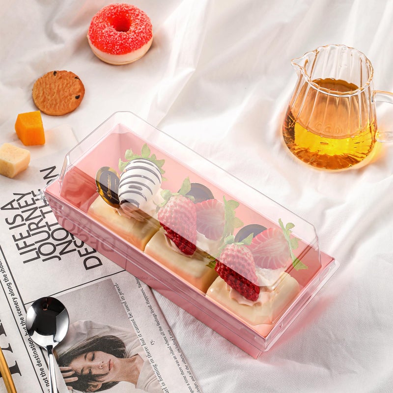 Leafiew 50 Pack 7.5x3.3 Inches Small Clear Treat Boxes-Dessert Boxes To Go-Disposable Paper Mini Containers for Cookie, Cake Slice, Charcuterie, Bakery, Pastry, Strawberry, Baked Goods Packaging(Pink) - Image 5