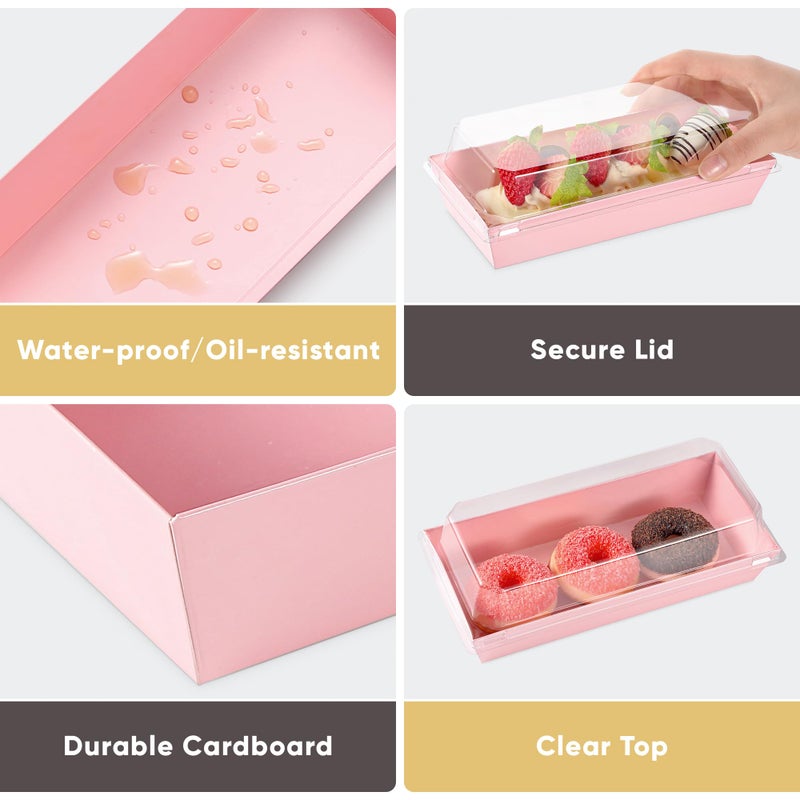 Leafiew 50 Pack 7.5x3.3 Inches Small Clear Treat Boxes-Dessert Boxes To Go-Disposable Paper Mini Containers for Cookie, Cake Slice, Charcuterie, Bakery, Pastry, Strawberry, Baked Goods Packaging(Pink) - Image 4