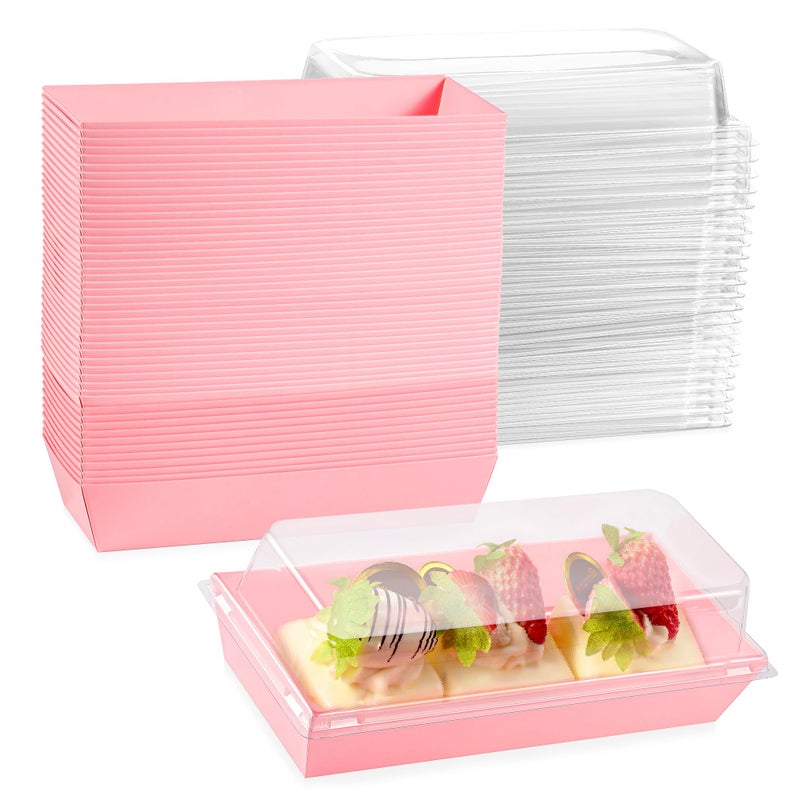 Leafiew 50 Pack 7.5x3.3 Inches Small Clear Treat Boxes-Dessert Boxes To Go-Disposable Paper Mini Containers for Cookie, Cake Slice, Charcuterie, Bakery, Pastry, Strawberry, Baked Goods Packaging(Pink) - Image 1