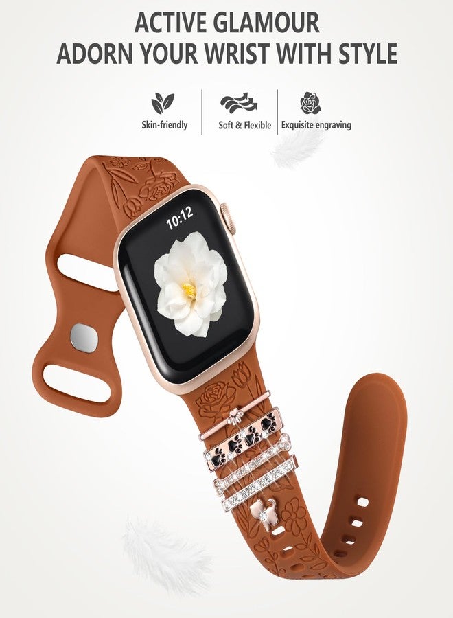 داجين سوار DaQin محفور عليه زهور متوافق مع أساور ساعة Apple Watch مقاس 40 مم للنساء و38 مم و41 مم، سوار رياضي من السيليكون الناعم مع تعليقات زخرفية لساعة Apple Watch Series 9 8 7 6 5 4 3 2 1 SE (مع السوار) - Image 5