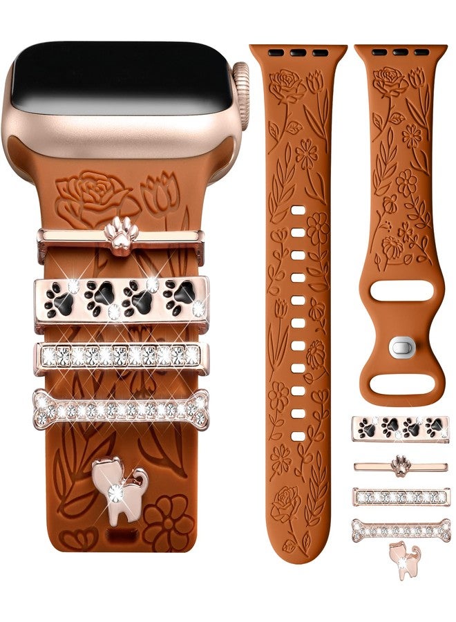 داجين سوار DaQin محفور عليه زهور متوافق مع أساور ساعة Apple Watch مقاس 40 مم للنساء و38 مم و41 مم، سوار رياضي من السيليكون الناعم مع تعليقات زخرفية لساعة Apple Watch Series 9 8 7 6 5 4 3 2 1 SE (مع السوار) - Image 1