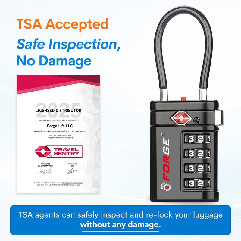 أقفال أمتعة Forge معتمدة من TSA – أقفال سفر TSA برمز مكوّن من 4 أرقام مع TSA008، ومؤشر تنبيه عند الفتح، وهيكل من سبيكة الزنك للأمتعة وحقيبة السفر وحقيبة الظهر وغير ذلك، أسود 2 PK، أقفال كابل - Image 2