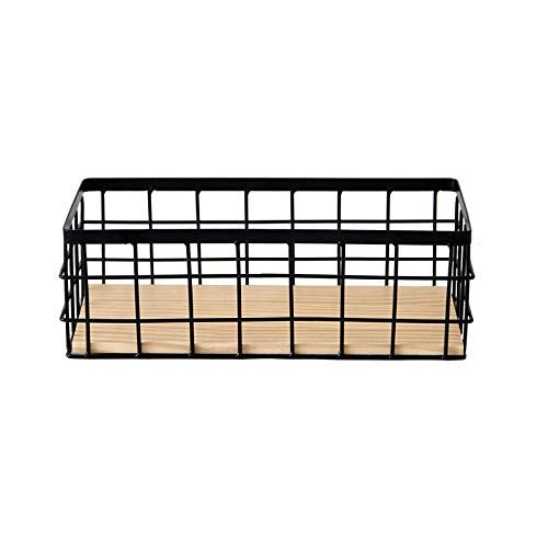 KiaoTime Metal Wire Storage Organizer Bin Basket, Home Kitchen Restaurant Coffee Bar Station Counter Sugar Sweetener Tea Packets Holder, Rustic Style Wire Grid Wooden Base Organizing Basket - Image 1
