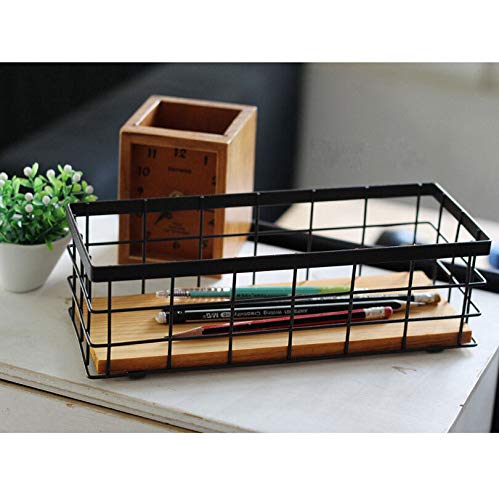 KiaoTime Metal Wire Storage Organizer Bin Basket, Home Kitchen Restaurant Coffee Bar Station Counter Sugar Sweetener Tea Packets Holder, Rustic Style Wire Grid Wooden Base Organizing Basket - Image 4
