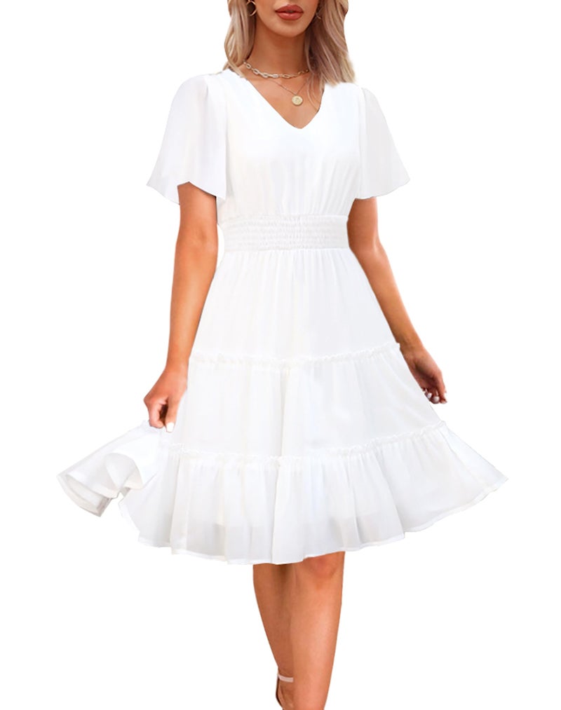 Zattcas Women 2025 Sping Summer Dress Short Sleeve V Neck Smocked Casual Flowy A Line Tiered Modest Teacher Work Graduation Wedding Guest Midi Dress White M