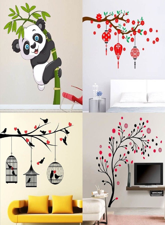 Merical PVC Vinyl Self Adhesive Wall Stickers Combo Set of 4 for Home Decor | Baby Panda, Lovebirds & Hearts, Magical Tree, Red Flower & Lantern |for Living Room, Hall & Bedroom - Image 1