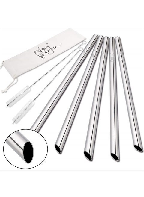 [Angled Tips] 5 Pcs 10" Reusable Bubble Tea Straws & Smoothie Straws, 0.5" Wide Stainless Steel Straws, Metal Straws for Bubble Tea/Tapioca Pearl, Milkshakes, Jumbo Drinks | 2 Cleaning Brushes