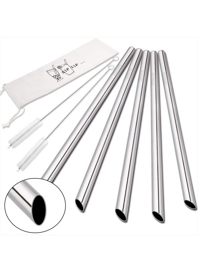 Hiware - [Angled Tips] 5 Pcs 10" Reusable Bubble Tea Straws & Smoothie Straws, 0.5" Wide Stainless Steel Straws, Metal Straws for Bubble Tea/Tapioca Pearl, Milkshakes, Jumbo Drinks | 2 Cleaning Brushes - Image 1